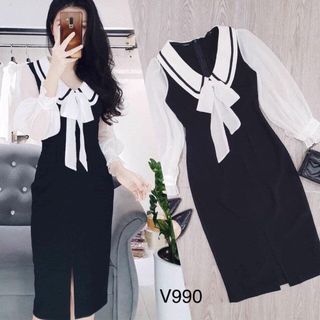 Đầm tay phối nơ trắng