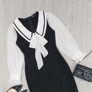 Đầm tay phối nơ trắng