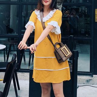 Váy suông cổ xếp ly vàng hình tự chụp - gia công và bán sỉ