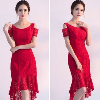 Đầm ren đỏ đuôi cá hở vai cao cấp - TP1551A