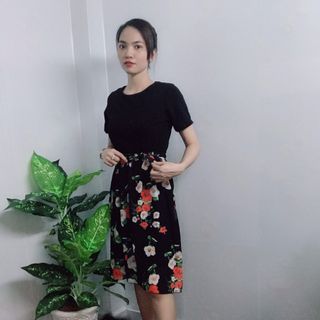 Đầm xòe vintage cổ tròn chiffon in hoa xuân - TP1571B