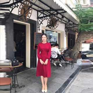 Đầm Đỏ Vintage Cổ Tròn Đính Nút Tay Dài Bồng - TP1756A