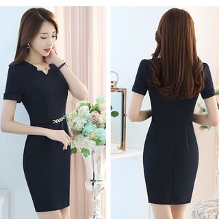 Đầm công sở cổ V cách điệu kèm nịt eo xanh đen- TP1587XA
