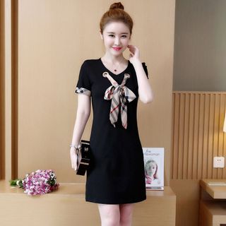 Đầm thun suông đen cột nơ viền tay cách điệu - TP1678A