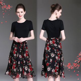 Đầm xòe vintage cổ tròn chiffon in hoa xuân - TP1571A
