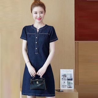 Đầm Suông Jean Cổ V Vai Nhúng - TP1770A