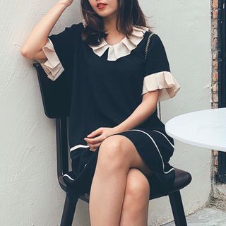 Váy suông cổ xếp ly đen hình tự chụp- gia công và bán sỉ