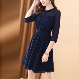 Đầm Kiểu Cổ Bèo 2 Lớp Nhúng Eo Xòe Xanh Navy Cao Cấp - TP1806A