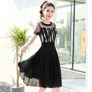 Đầm xòe vintage chiffon phối ren lưới Đen - TP1741A