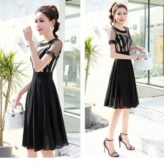 Đầm xòe vintage chiffon phối ren lưới Đen - TP1741A