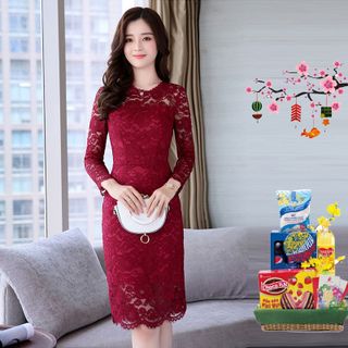 Đầm Ren Đỏ Hoa Nổi KAYA tay dài - TP1549A