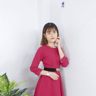 Đầm Đỏ Vintage Cổ Tròn Đính Nút Tay Dài Bồng - TP1756B