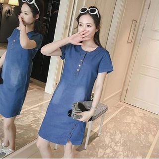 Đầm Jean Suông Cổ Trụ Xẻ Nút Kiểu Xì Teen - TP1788A