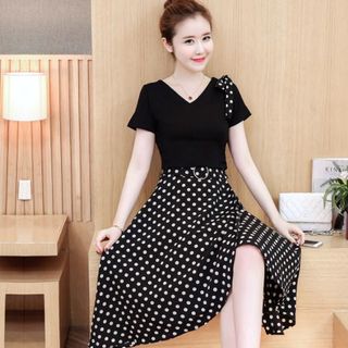 Đầm maxi xòe dự tiệc chấm bi nơ vai cao cấp - TP1655A