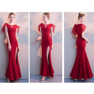 Đầm Cao Cấp Dự Tiệc Ren Đỏ Choàng Xẻ Đùi Đuôi Cá - TP1773A