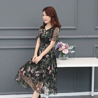 Đầm Xòe Voan Hoa 3D Tay Loe Cao Cấp - TP1794A