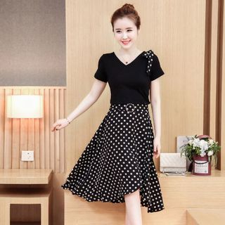 Đầm maxi xòe dự tiệc chấm bi nơ vai cao cấp - TP1655A