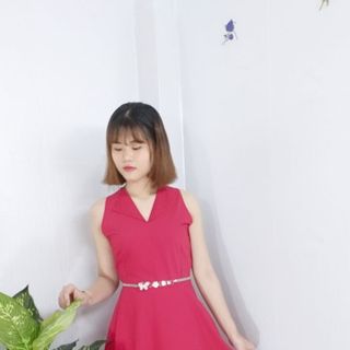 Đầm Đỏ Vintage Cổ Tròn Đính Nút Tay Dài Bồng - TP1756B