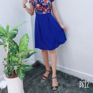 Đầm xòe chiffon xanh in hoa 3D phối ren cột nơ cao cấp - TP1643B