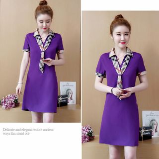 Đầm thun tím cổ sơ mi viền tay kèm khăn sành điệu - TP1687A