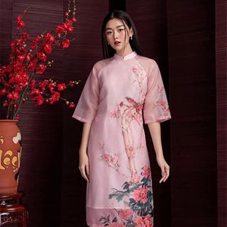 Set áo dài voan hồng truyền thống
