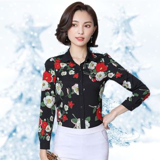 Áo Sơ Mi Hàn Quốc Hoa Rosa Nền Đen Thanh Lịch - TP1513A