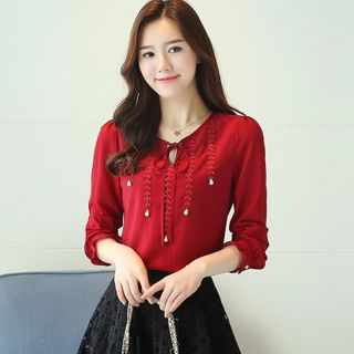 Áo Sơ Mi Kiểu Tay Nhúng Phối Nơ Đỏ Duyên Dáng - TP1745A