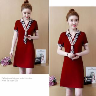 Đầm thun đỏ cổ sơ mi viền tay kèm khăn sành điệu - TP1686A