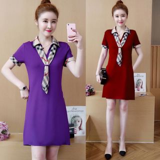 Đầm thun đỏ cổ sơ mi viền tay kèm khăn sành điệu - TP1686A