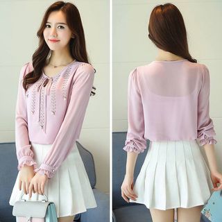 Áo Sơ Mi Kiểu Tay Nhúng Phối Nơ Đỏ Duyên Dáng - TP1745A