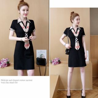 Đầm thun đỏ cổ sơ mi viền tay kèm khăn sành điệu - TP1686A