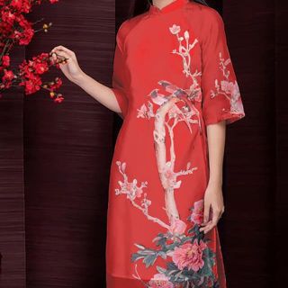 Set áo dài voan đỏ quần trắng truyền thống