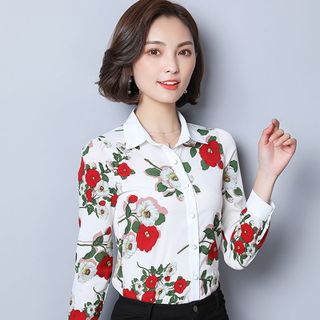 Áo Sơ Mi Hàn Quốc Hoa Rosa Nền Trắng Thanh Lịch - TP1533A