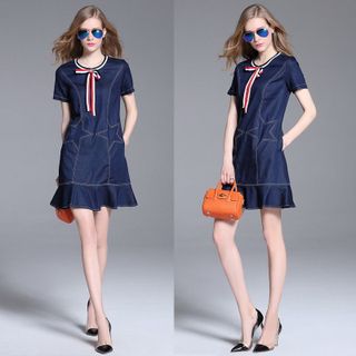 Đầm Jean Đuôi Cá Ngôi Sao Cột Nơ Sành Điệu - TP1348A