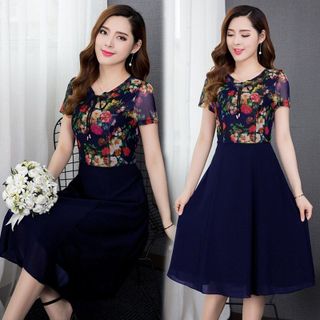 Đầm xòe chiffon xanh in hoa 3D phối ren cột nơ cao cấp - TP1643A