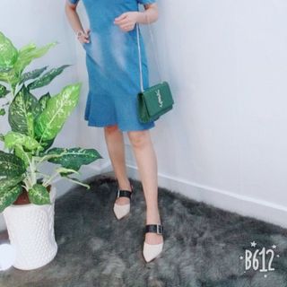Đầm jean hở vai đuôi cá phối thun sọc - TP1787B