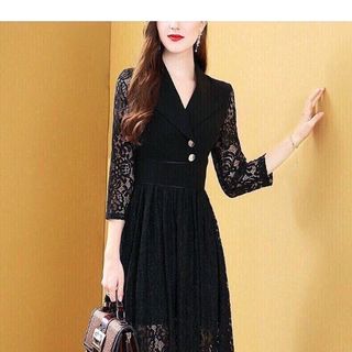 ĐẦM REN CỔ VEST PHỐI NÚT