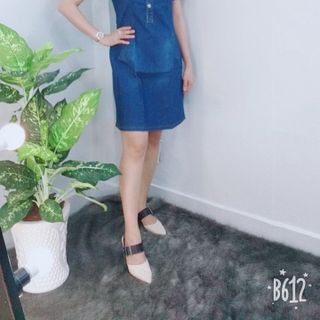 Đầm jean suông cầu vai cổ Y phối túi - TP1641B