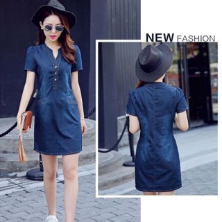 Đầm jean cổ v nẹp viền phối túi có size XXL - TP1031A