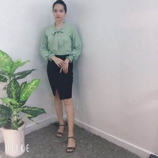Áo Sơ Mi Cổ Nơ Tay Bo Phồng Công Sở Màu xanh ngọc - TP1785B