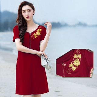 Đầm đỏ thêu 3D hoa hồng ánh kim cao cấp - TP1448A