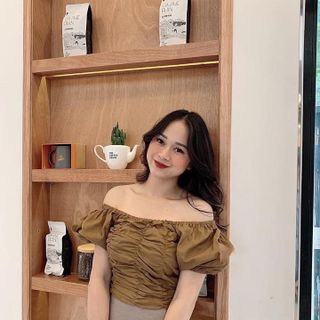 Set váy quần vạt chéo caro Crop nâu nhún bẹt vai