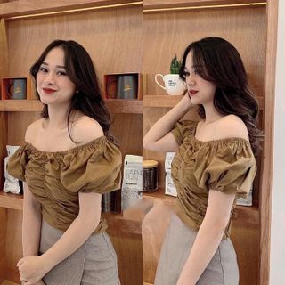 Set váy quần vạt chéo caro Crop nâu nhún bẹt vai