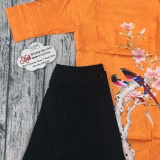 Set áo dài gấm lụa cam in hoachim