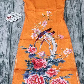 Set áo dài gấm lụa cam in hoachim