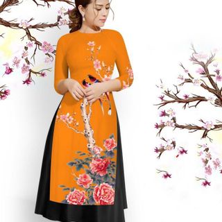 Set áo dài gấm lụa cam in hoachim