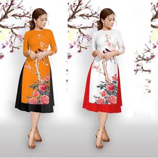 Set áo dài gấm lụa đỏ in hoachim
