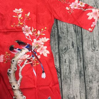 Set áo dài gấm lụa đỏ in hoachim