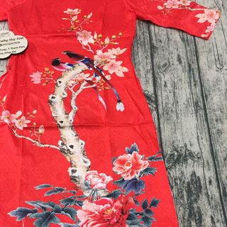 Set áo dài gấm lụa đỏ in hoachim