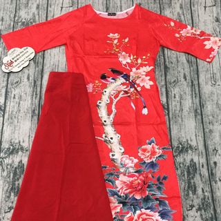 Set áo dài gấm lụa đỏ in hoachim